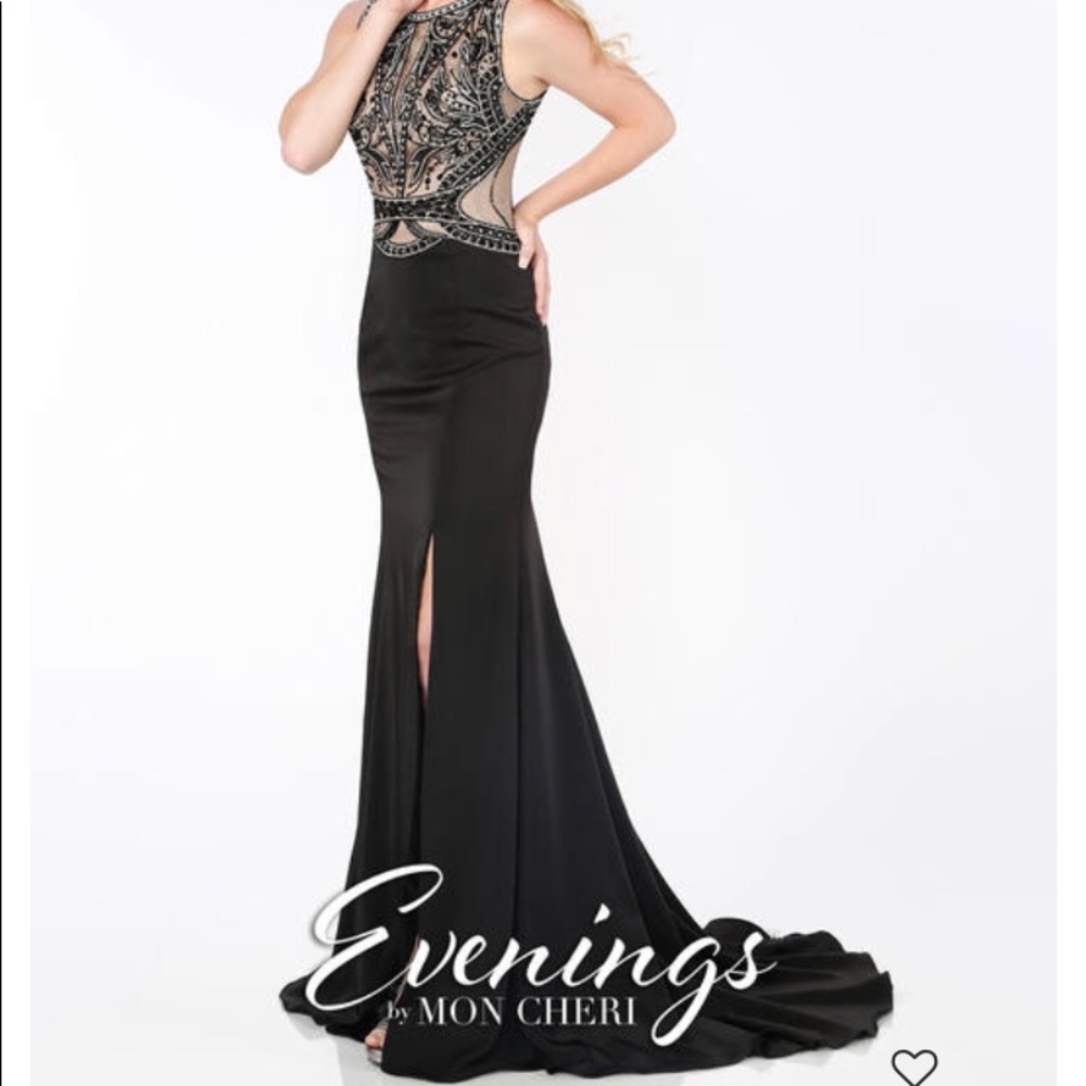 Mon Cheri beaded black long dress front slit